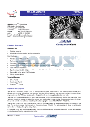 MC-ACT-VME2416 datasheet - FlexibleslaveVMEcontroller Fullinterruptcontroller(ROAK