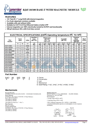 RJ47-07NW2 datasheet - RJ45 10/100 BASE-T WITH MAGNETIC MODULE