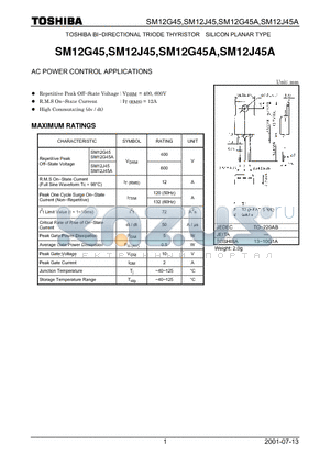 SM12J45 datasheet - TOSHIBA BI-DIRECTIONAL TRIODE THYRISTOR SILICON PLANAR TYPE