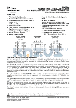 PCA9554A datasheet - REMOTE 8-BIT I2C AND SMBus I/O EXPANDER WITH INTERRUPT OUTPUT AND CONFIGURATION REGISTERS