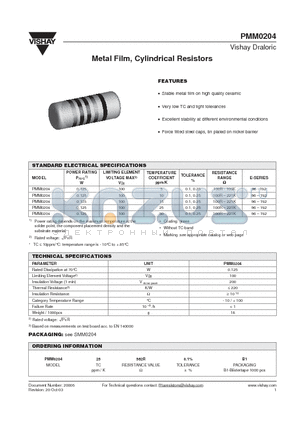 PMM020425562R datasheet - Metal Film, Cylindrical Resistors