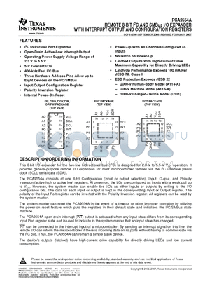 PCA9554ADWR datasheet - REMOTE 8-BIT I2C AND SMBus I/O EXPANDER WITH INTERRUPT OUTPUT AND CONFIGURATION REGISTERS