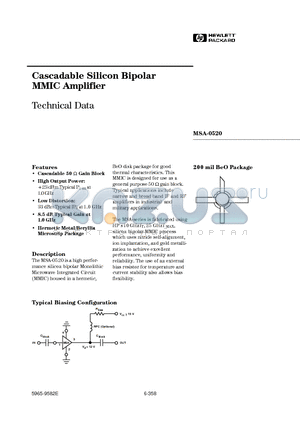 MSA-0520 datasheet - Cascadable Silicon Bipolar MMIC Amplifier