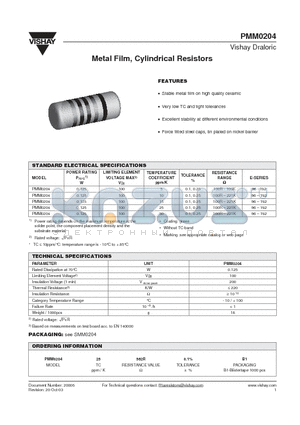 PMM0204 datasheet - Metal Film, Cylindrical Resistors