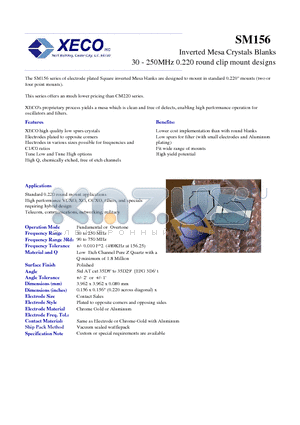 SM156 datasheet - Inverted Mesa Crystals Blanks 30 - 250MHz 0.220 round clip mount designs