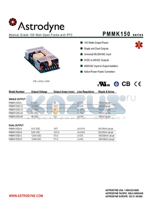 PMMK150D-A datasheet - Medical Grade 150 Watt Open Frame with PFC