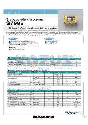 S7998 datasheet - Si photodiode with preamp