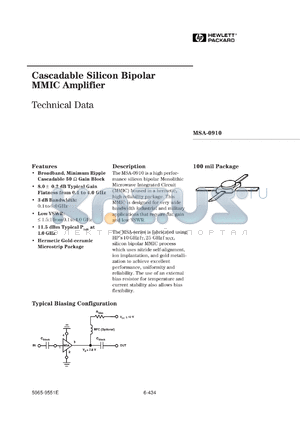 MSA-0910 datasheet - Cascadable Silicon Bipolar MMIC Amplifier