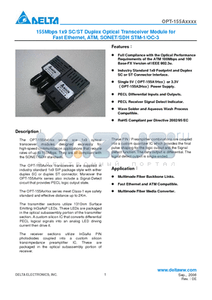 OPT-155A1H1 datasheet - 155Mbps 1x9 SC/ST Duplex Optical Transceiver Module for Fast Ethernet, ATM, SONET/SDH STM-1/OC-3