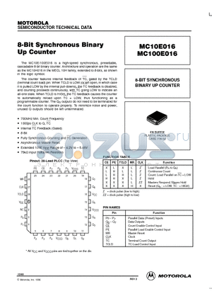 MC100E016 datasheet - 8-BIT SYNCHRONOUS BINARY UP COUNTER