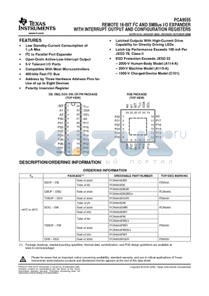 PCA9555DBQR datasheet - REMOTE 16-BIT I2C AND SMBus I/O EXPANDER WITH INTERRUPT OUTPUT AND CONFIGURATION REGISTERS