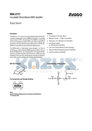 MSA-2111-TR1 datasheet - Cascadable Silicon Bipolar MMIC Amplifier