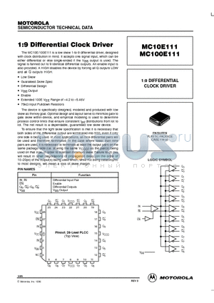 MC100E111 datasheet - 1:9 DIFFERENTIAL CLOCK DRIVER