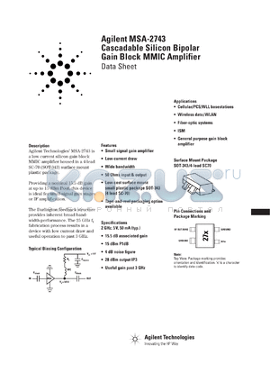 MSA-2743-TR2 datasheet - Cascadable Silicon Bipolar Gain Block MMIC Amplifier