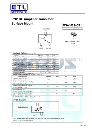 MSA1022-CT1 datasheet - PNP RF Amplifier Transistor Surface Mount