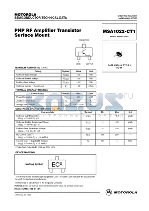 MSA1022CT1 datasheet - PNP RF Amplifier Transistor Surface Mount