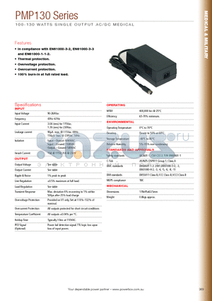 PMP130-10 datasheet - 100 - 130 WATTS SINGLE OUTPUT AC/DC MEDICAL