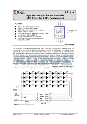 SP7616 datasheet - High Accuracy 4-Channel Low Side LED Driver for CCFL Replacement