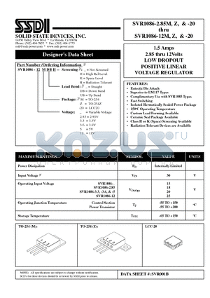 SVR1086-2.85Z datasheet - SVR1086-2.85M 2.85 thru 12Volts LOW DROPOUT POSITIVE LINEAR VOLTAGE REGULATOR