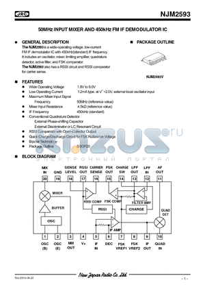 NJM2593 datasheet - 50MHz INPUT MIXER AND 450kHz FM IF DEMODULATOR IC