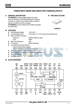 NJM2592_1 datasheet - 470MHz INPUT MIXER AND 455kHz FM IF DEMODULATOR IC