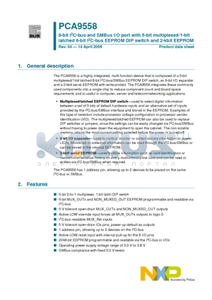 PCA9558PW datasheet - 8-bit I2C-bus and SMBus I/O port with 5-bit multiplexed/1-bit latched 6-bit I2C-bus EEPROM DIP switch and 2-kbit EEPROM