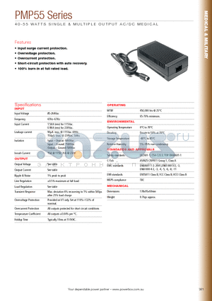 PMP55 datasheet - 40 - 55 WATTS SINGLE & MULTIPLE OUTPUT AC/DC MEDICAL