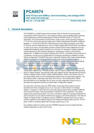 PCA9574BS datasheet - 8-bit I2C-bus and SMBus, level translating, low voltage GPIO with reset and interrupt