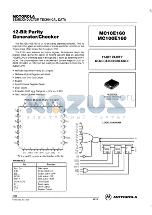 MC100E160 datasheet - 12-BIT PARITY GENERATOR/CHECKER