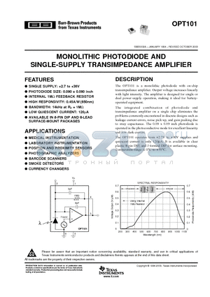 OPT101P datasheet - MONOLITHIC PHOTODIODE AND SINGLE-SUPPLY TRANSIMPEDANCE AMPLIFIER