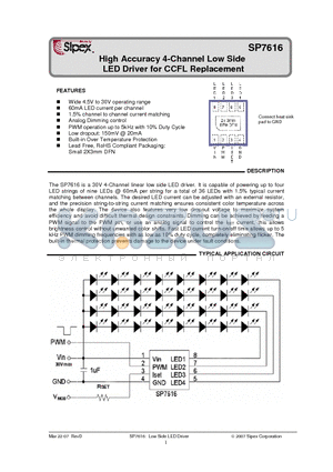 SP7616ER-L/TR datasheet - High Accuracy 4-Channel Low Side LED Driver for CCFL Replacement