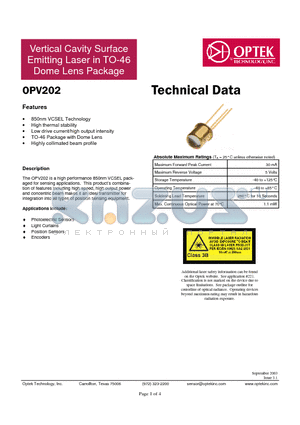 OPV202 datasheet - Vertical Cavity Surface Emitting Laser in TO-46 Dome Lens Package