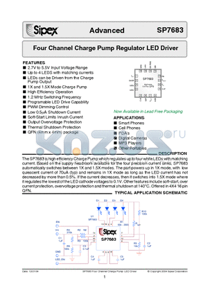 SP7683 datasheet - Four Channel Charge Pump Regulator LED Driver