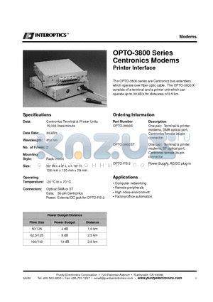 OPTO-3800S datasheet - Centronics Modems Printer Interface