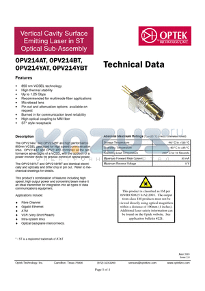 OPV214YBT datasheet - Vertical Cavity Surface Emitting Laser in ST Optical Sub-Assembly