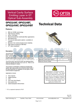 OPV214AT datasheet - Vertical Cavity Surface Emitting Laser in ST Optical Sub-Assembly