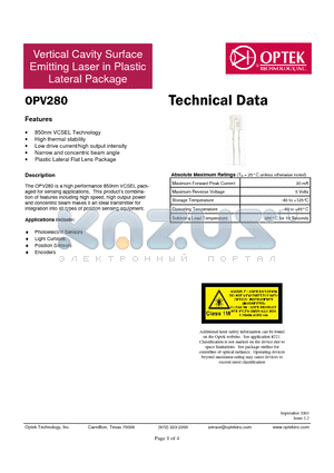 OPV280 datasheet - Vertical Cavity Surface Emitting Laser in Plastic Lateral Package