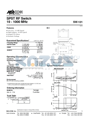 SW-121 datasheet - SPST RF Switch 10 - 1000 MHz