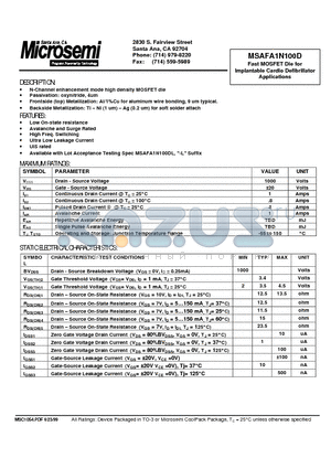 MSAFA1N100D datasheet - Fast MOSFET Die for Implantable Cardio Defibrillator Applications