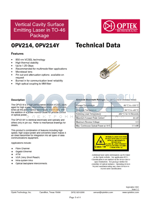 OPV214Y datasheet - Vertical Cavity Surface Emitting Laser in TO-46 Package