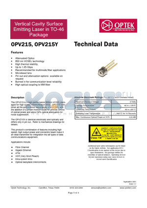 OPV215 datasheet - Vertical Cavity Surface Emitting Laser in TO-46 Package