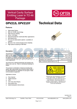 OPV215Y datasheet - Vertical Cavity Surface Emitting Laser in TO-46 Package