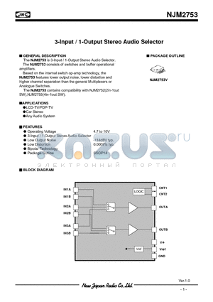 NJM2753V datasheet - 3-Input / 1-Output Stereo Audio Selector