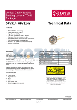 OPV314Y datasheet - Technical Data