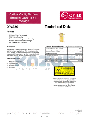 OPV220 datasheet - Vertical Cavity Surface Emitting Laser in Pill Package