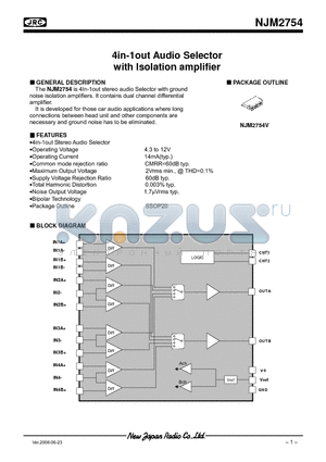 NJM2754V datasheet - 4in-1out Audio Selector with Isolation amplifier