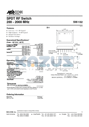 SW-132 datasheet - SPDT RF Switch 200 - 2000 MHz