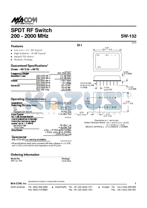 SW-132PIN datasheet - SPDT RF Switch 200 - 2000 MHz