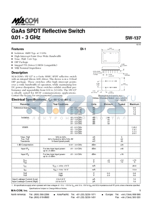 SW-137 datasheet - GaAs SPDT Reflective Switch 0.01 - 3 GHz