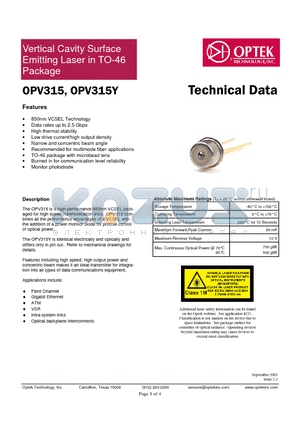 OPV315Y datasheet - Technical Data